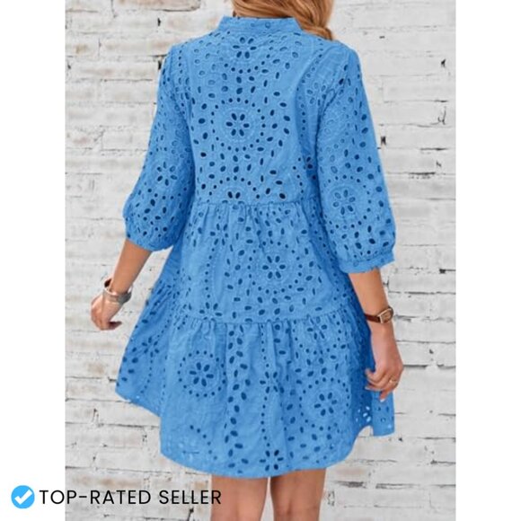 Eyelet Lace Midi Dress V-Neck Puff Sleeve Tiered A-Line Casual Chic - Picture 6 of 6